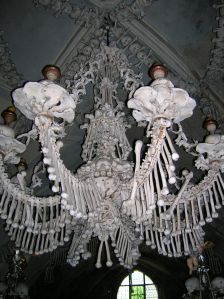 A chandelier made out of human bones