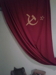 A Communist banner with the hammer and sickle symbol