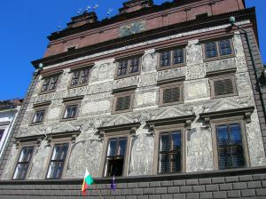 The town hall with its sgraffito Renaissance facade