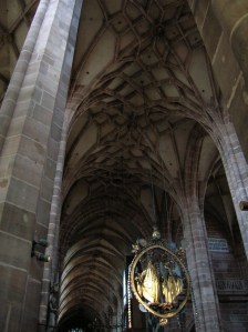 The vaulting with the Annunciation carving suspended from the ceiling